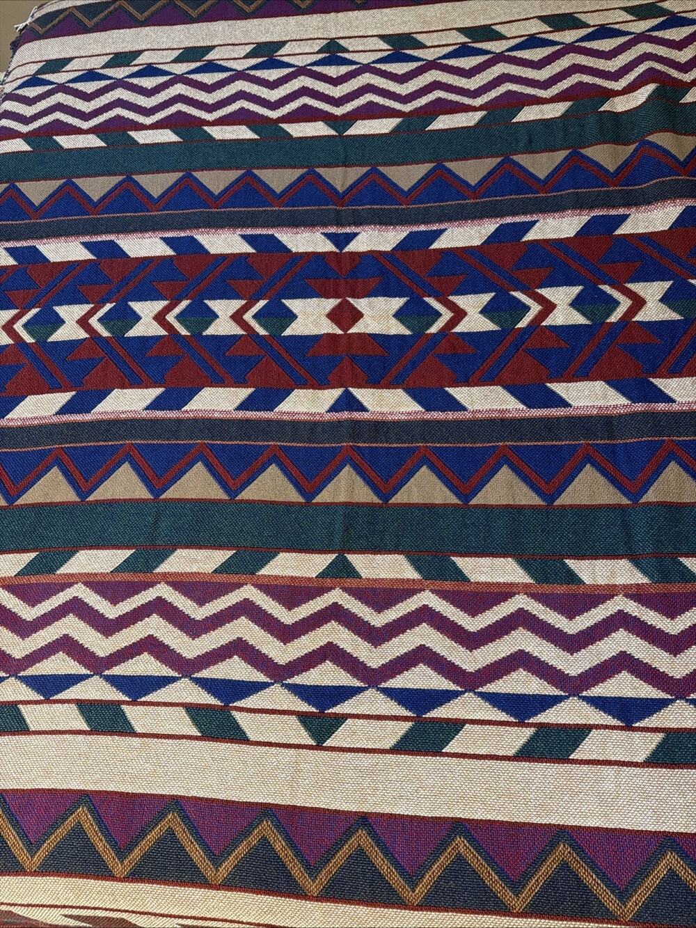 Vintage Tapestry Throw Blanket 1990s Southwestern Fringe Woven Western Red Aztec
